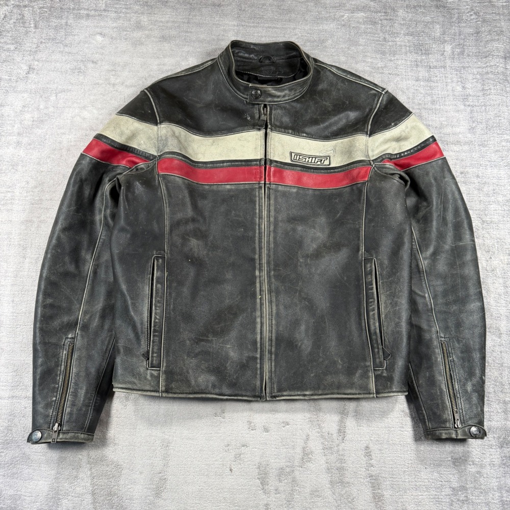 Shift Jacket Mens 2XL Black 967 Leather Motorcycle Stripe Biker Racing Moto